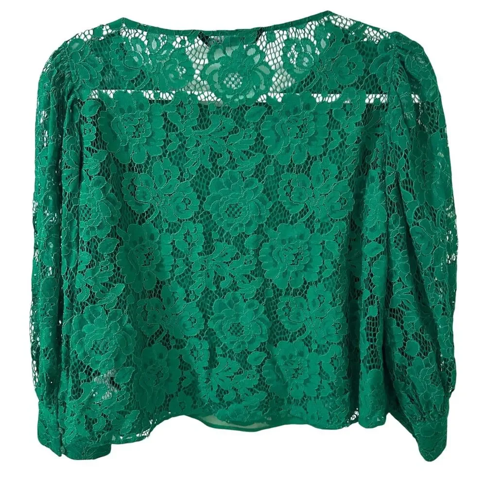 Zara Emerald Green Floral Lace Puff Sleeve Blouse EUC Fairycore Romantic EUC M